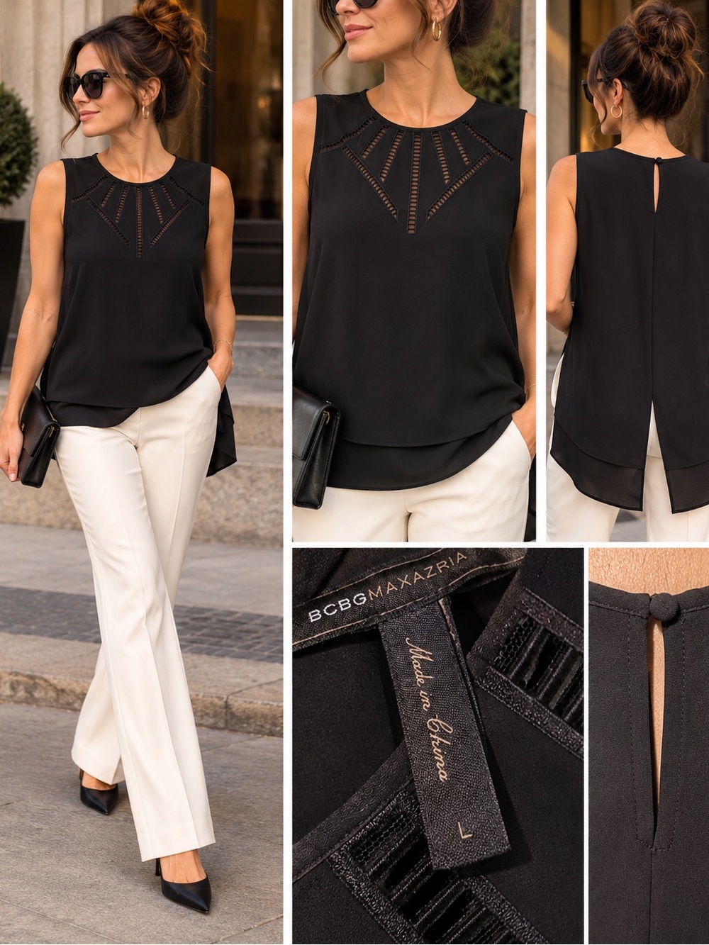 BCBGMaxAzria Black Sleeveless Laser-Cut Top